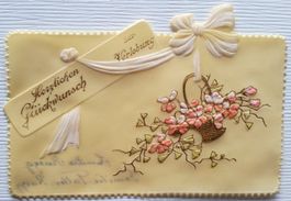 RAR: Glückwunschkarte Bakelit geprägt, mit Blumenkorb, 1900