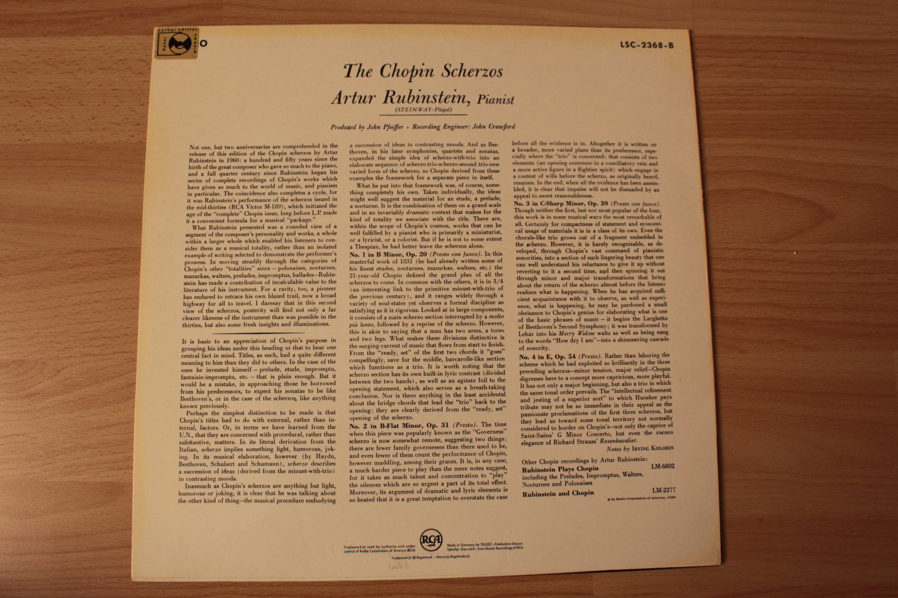 Schallplatten: Chopin: Scherzos - Artur Rubinstein☯️ – Gebraucht aus Möriken AG von Klassikschallplatten 2