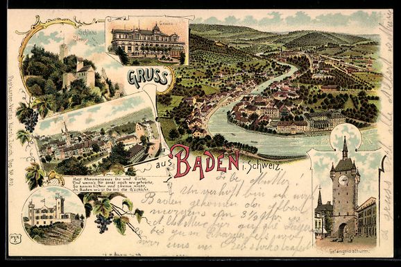Cartoline postali: Litho Baden /Aargau, Mehrbild mit Stadta – Usato da Berlin venduto da bartko-reher
