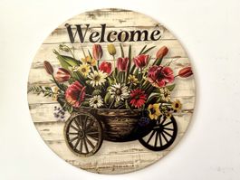 Rustic Wooden Welcome Sign, Spring Flowers Decor
