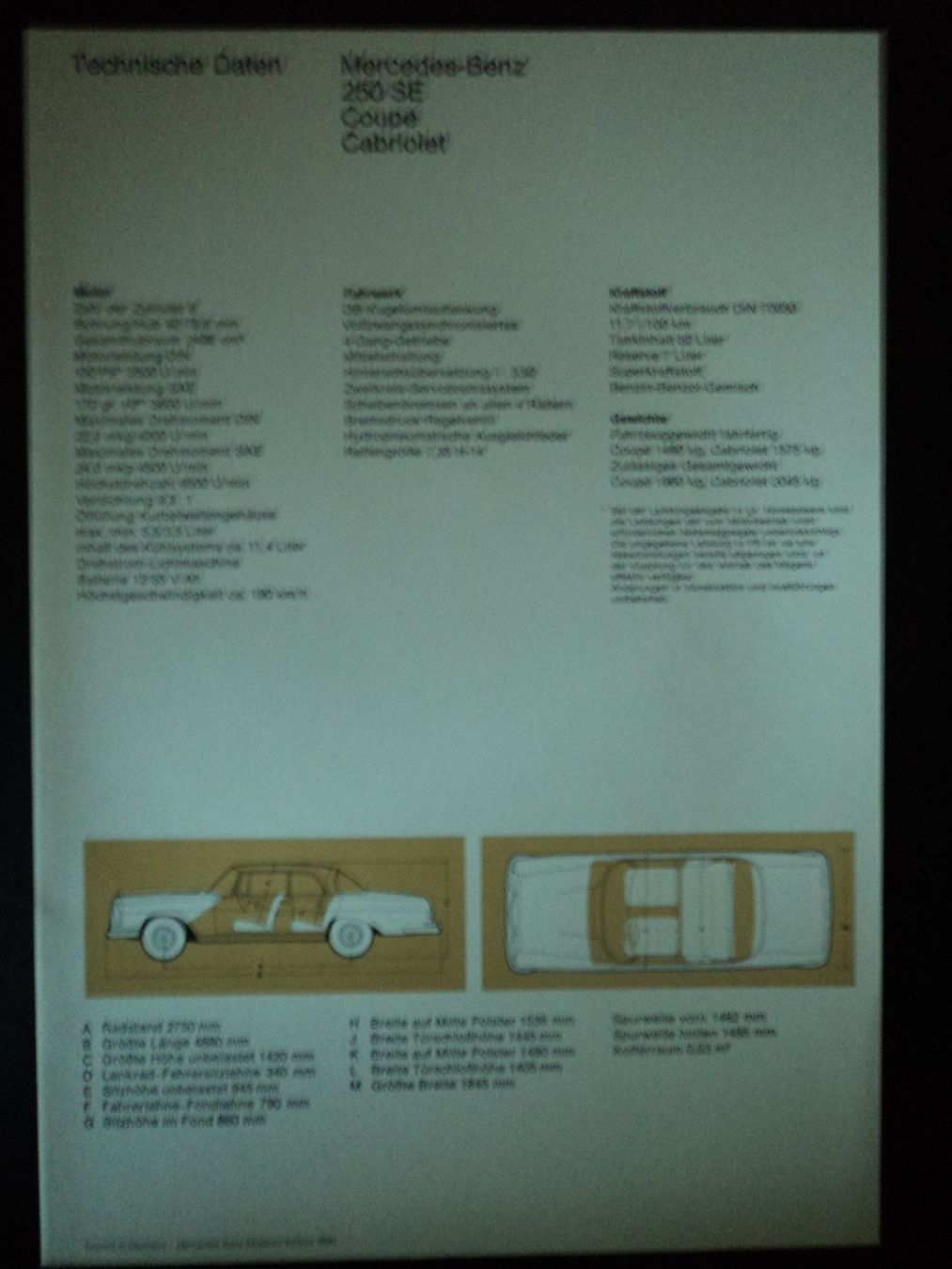 Mercedes-Benz Documenti: Prospekt Tech Daten Mercedes-Benz 250SE 1960er – Usato da Schwarzenburg venduto da modelCARama 2