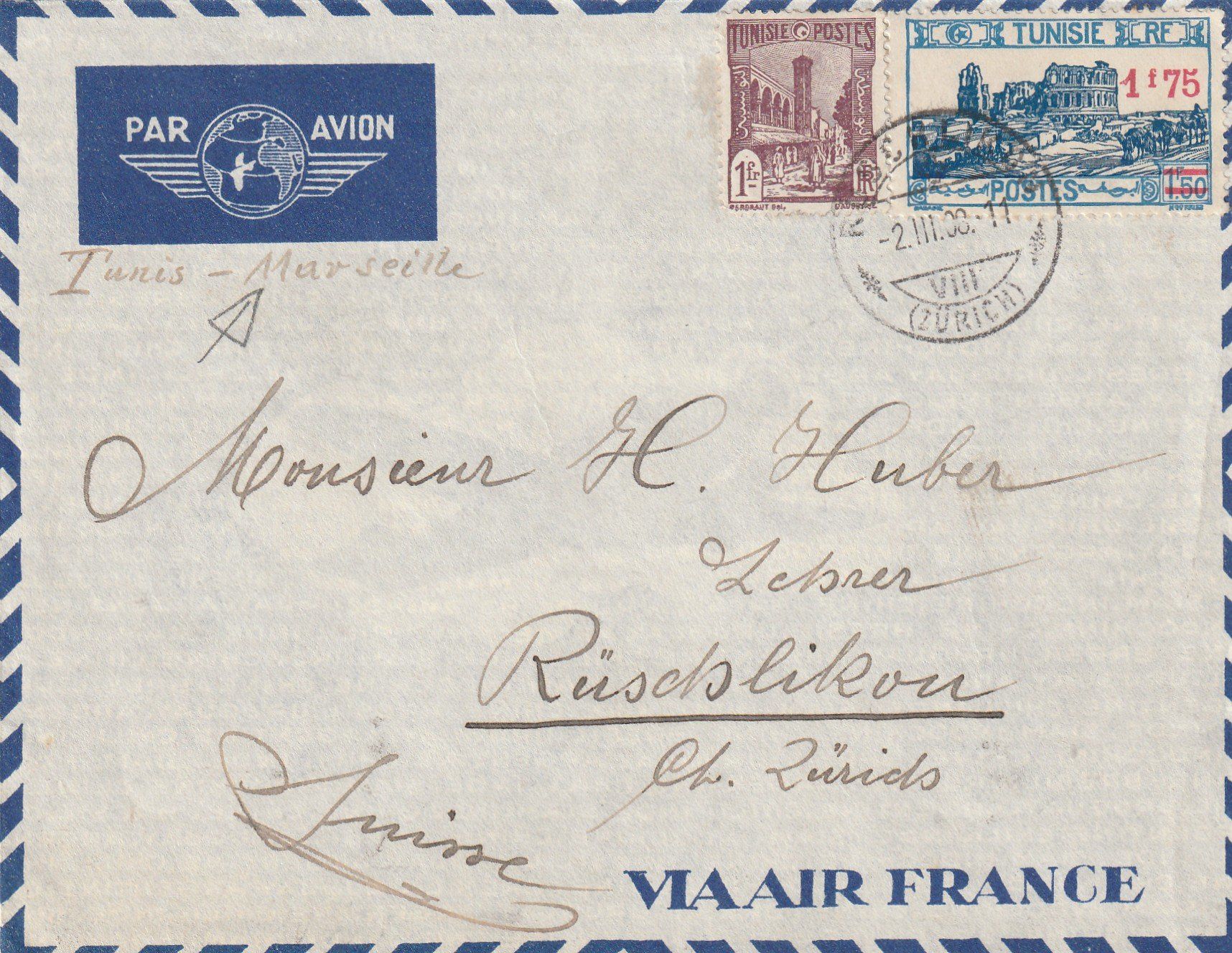 Alle Briefmarken: Flugpost Tunesien 1938 – Gebraucht aus Rorschacherberg von fratovi2