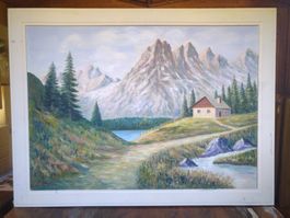 Gemälde Berglandschaft mit Hütte Leinwand gerahmt