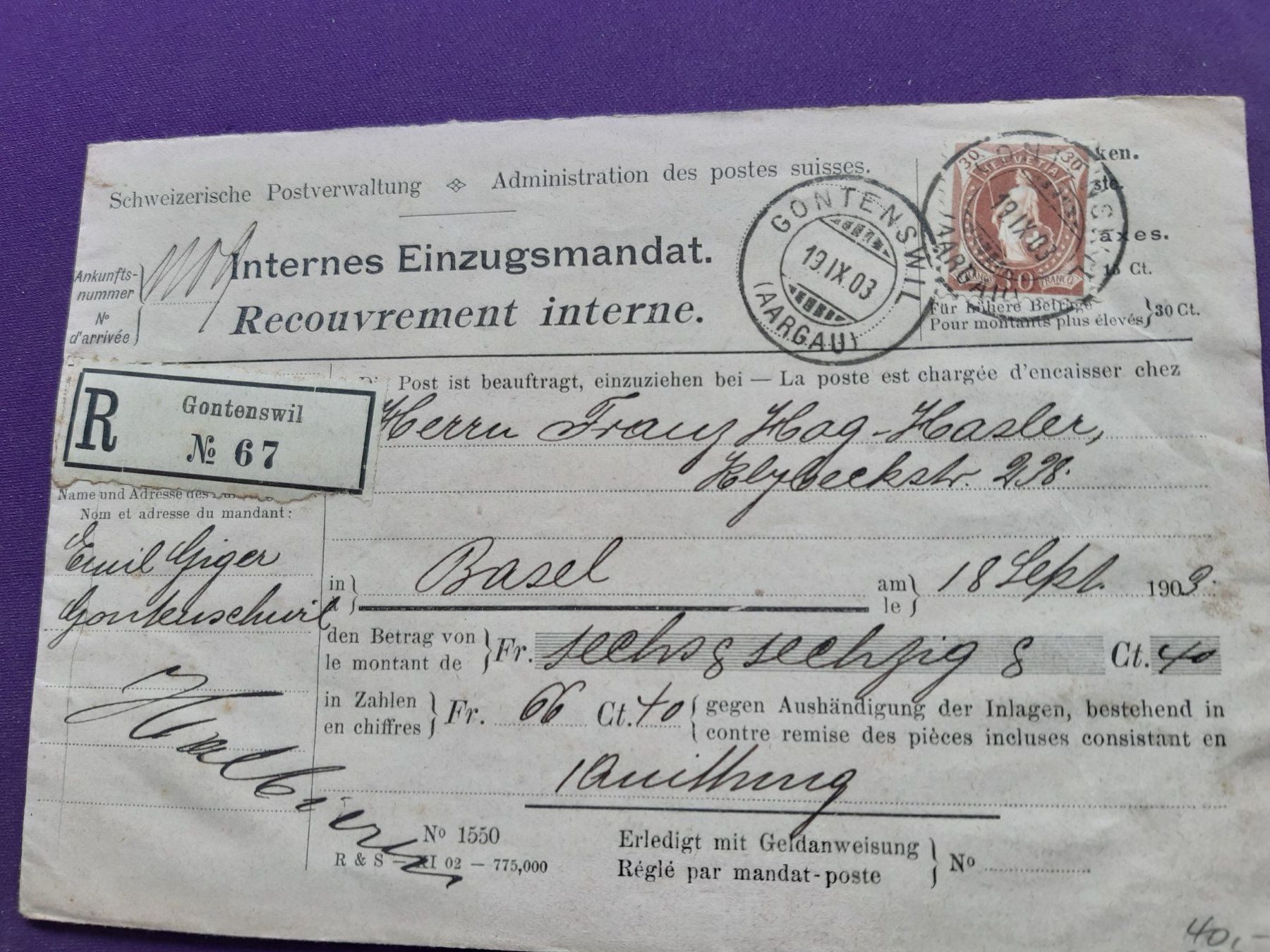 Tutti i francobolli: Internes Einzugsmandat, eingeschrieben, 1903 Gontenswil – Usato da Wangs venduto da weisstannen01