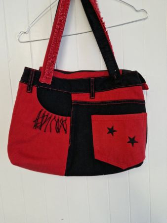 Sac jeans patchwork  rouge/noir