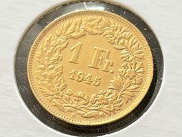 Schweiz 1 Silber-Franken 1945 B vzgl vergoldet Helvetia