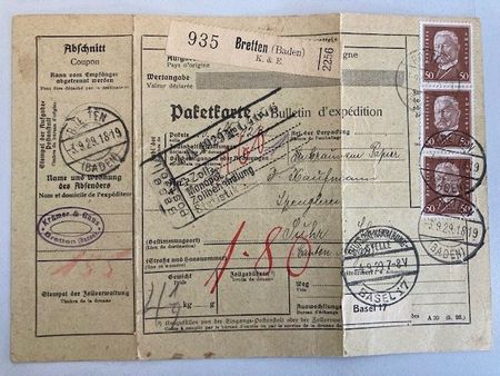 Paketkarte Deutsches Reich Bretten gel. nach Basel 1929