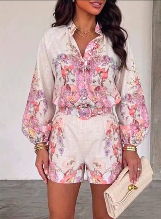Damen Set Bluse Hosen kurz Damen Grösse S floral weiss