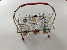 Service de 6 verres vintage avec support en métal doré 1960