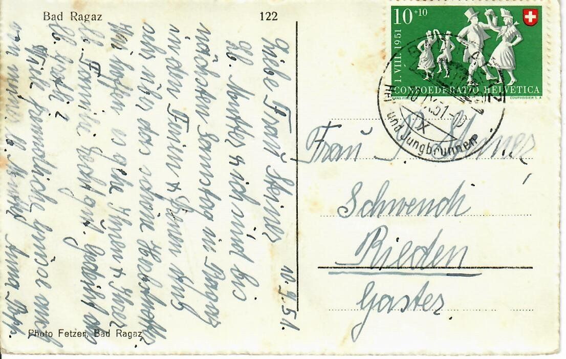 Cartoline postali: Bad Ragaz 1951 – Usato da Hochdorf venduto da Ziegel-16 1