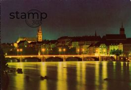 1973 AK Basel - mittlere Rheinbrücke und Münster bei Nacht