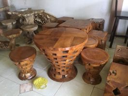 SET Sitzgruppe Hocker Tisch Teak Holz Sitzmöbel Garnitur