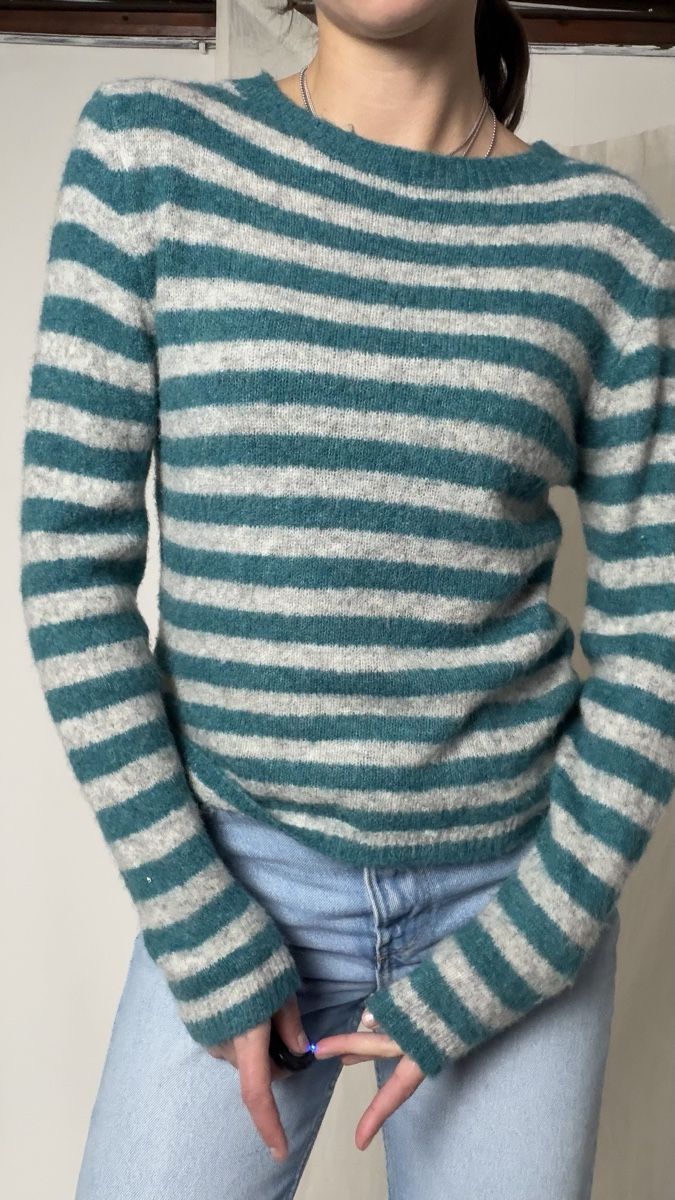Maglioni & Felpe: Striped Sweater Teal Grey Round Neck – Usato da Knonau venduto da Grapesvintage 6