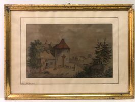 Aquarell Karl Pfändler Kleinstadt mit Rundturm und Pranger