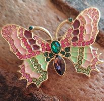 Schmetterling Brosche goldfarben mit bunten Strasssteinen