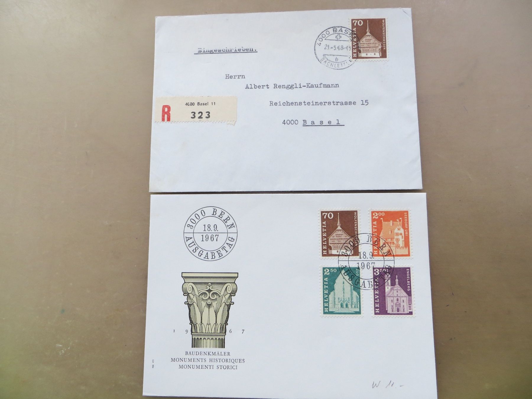Alle Briefmarken: 2 Briefe Baudenkmäler 1967+68 Wolfenschiessen – Neu (gemäss Beschreibung) aus Basel von 8013