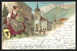 Litho Altdorf, Urnerin vor dem Telldenkm