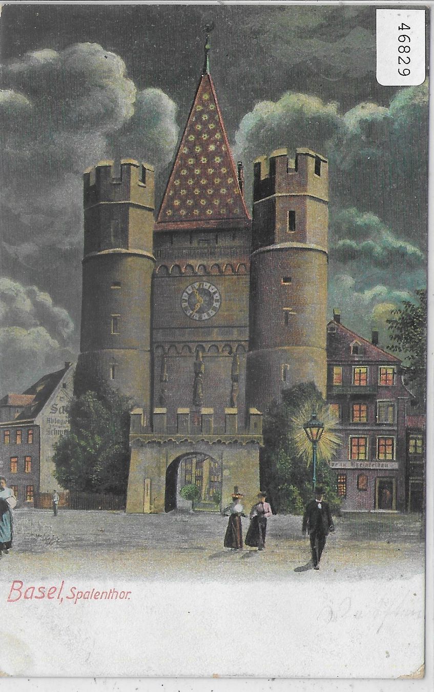 Cartoline postali: Gruss aus Basel - Spalenthor im Mondschein – Usato da Ettingen venduto da Kartenplanet
