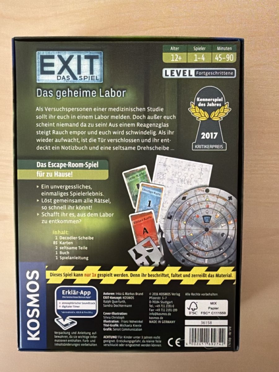 Kosmos Giochi: EXIT - Das geheime Labor, Kenner-Spiel des Jahres 2017 – Nuovo e nell'imballaggio originale da Hittnau venduto da PeterS75 1