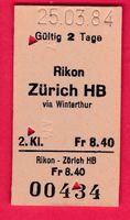 KARTON BILLETT, RIKON - ZÜRICH HB, 2.KLASSE, EINFACH
