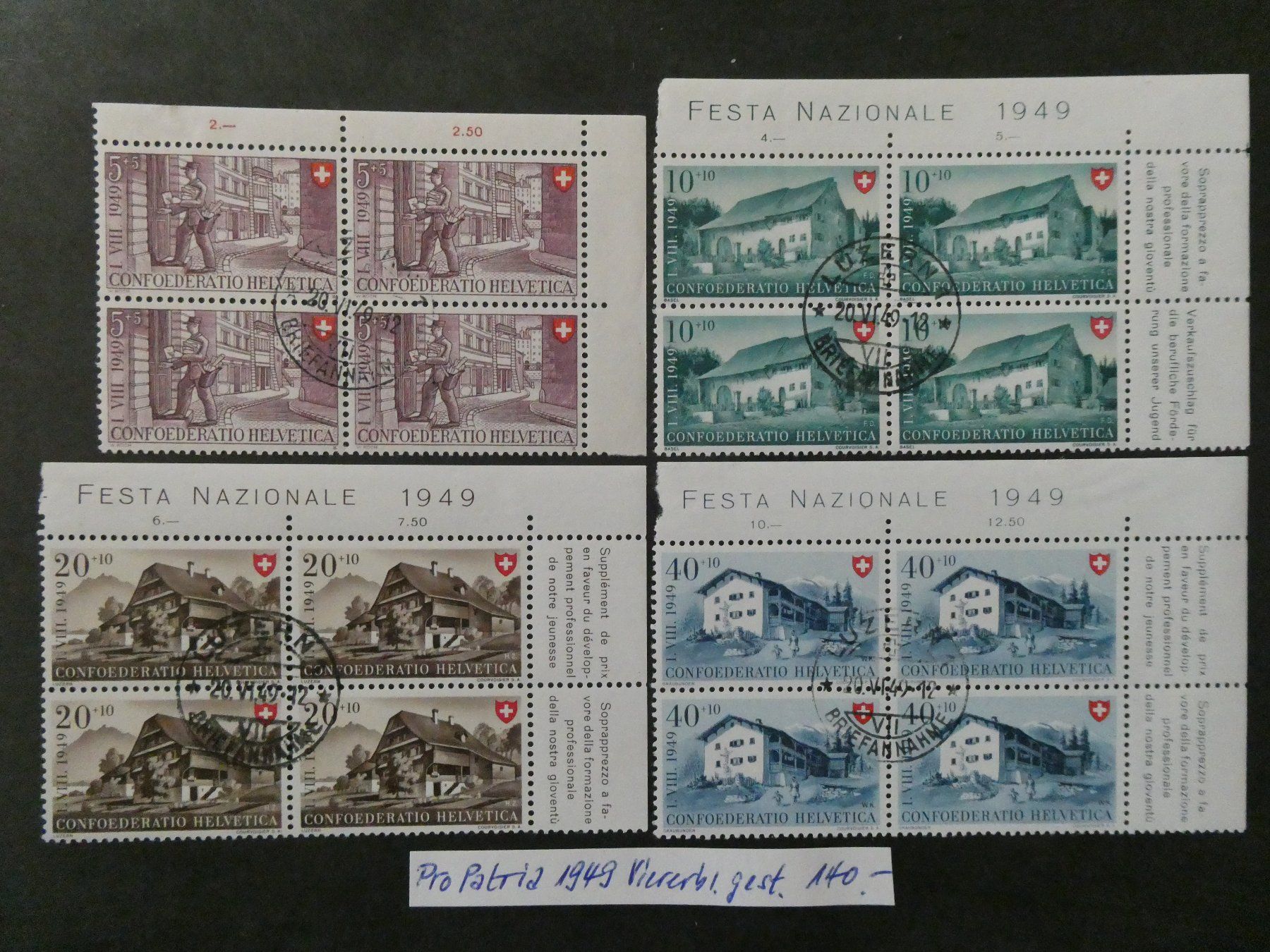 Alle Briefmarken: Pro Patria 1949 Viererblöcke gestempelt vom Eckrand – Gebraucht aus Lausen von Herbamare01