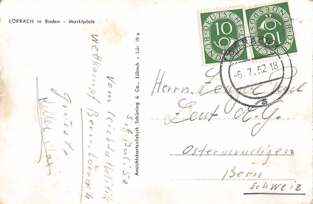 Ansichtskarten: GRUSS aus LÖRRACH 1952 – Gebraucht aus Winterthur von SchatzchischtliWinti 1
