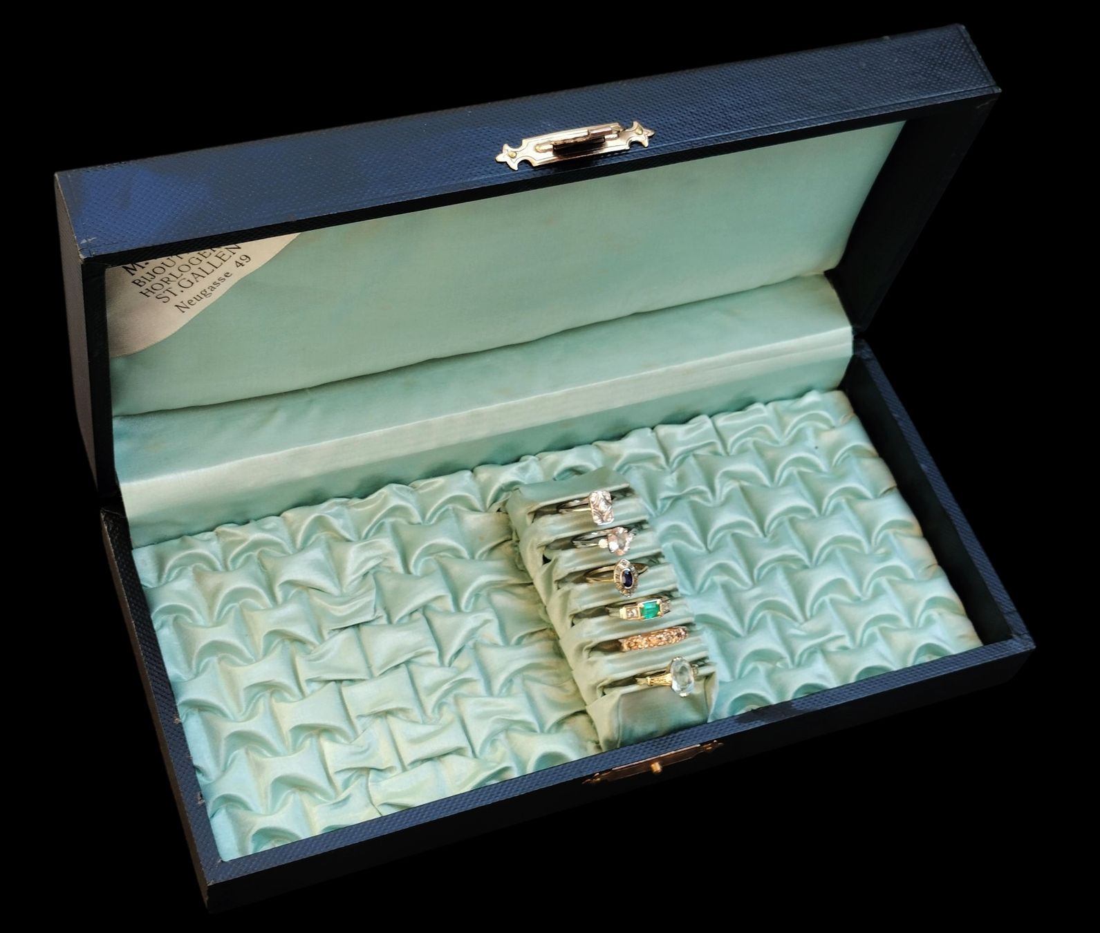 Portagioie: Antike Ringbox Schmuckbox Koffer Schwarz mit Türkis Seide – Usato da schwyz venduto da larry91sz 2