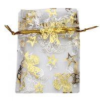 Organza-Säckchen weiss / Engel + Sterne gold