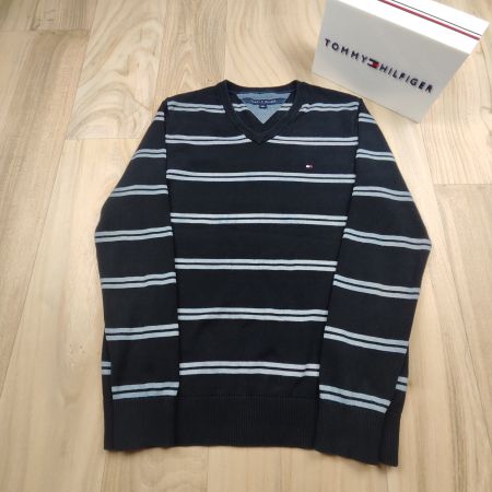 TOMMY HILFIGER | pull col V bleu marine rayé Y2K | M homme