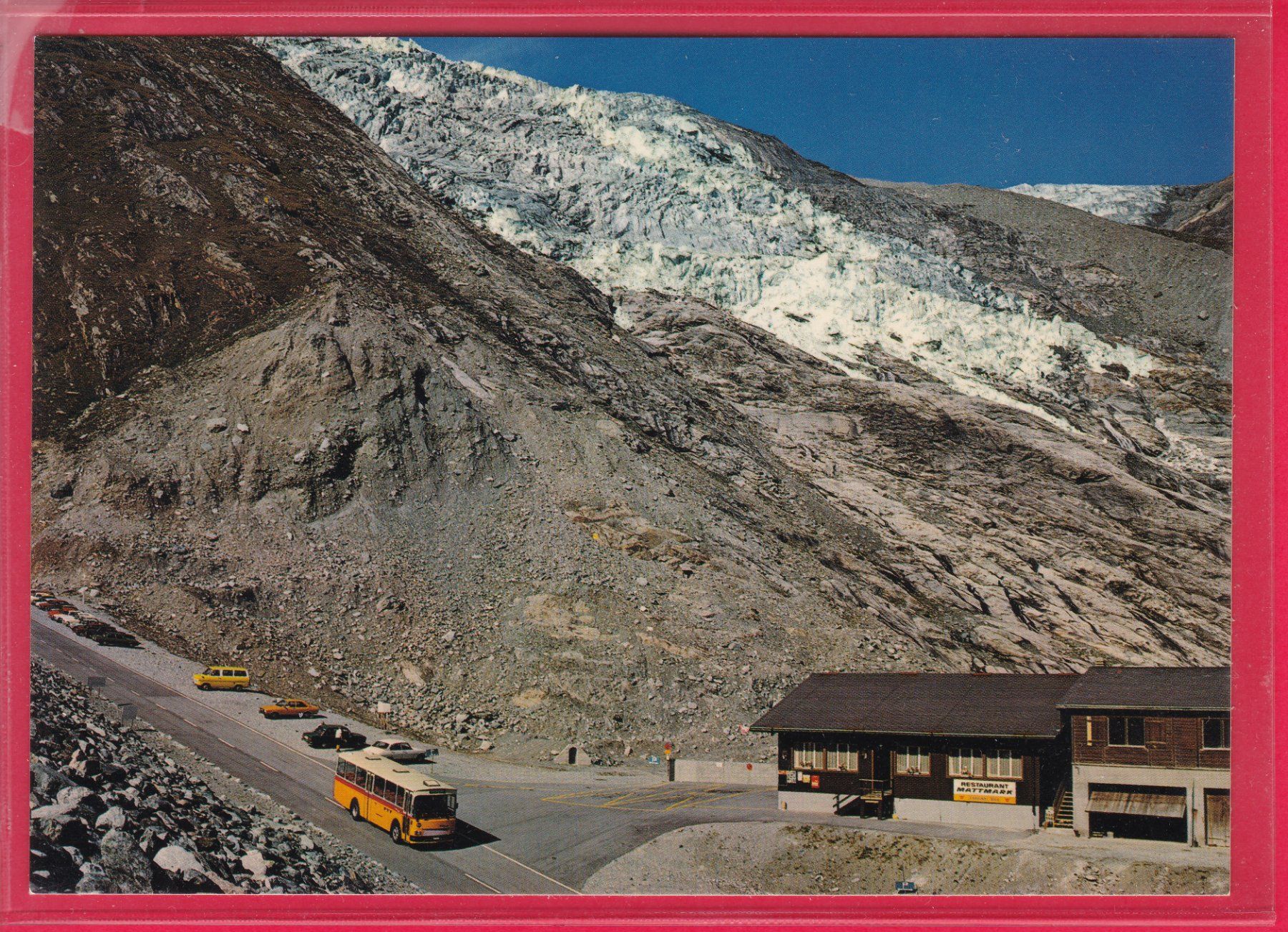 Cartoline postali: RESTAURANT MATTMARKT, ALLALINGLETSCHER, POSTAUTO – Usato da Oberrieden venduto da Gebirgsstelze