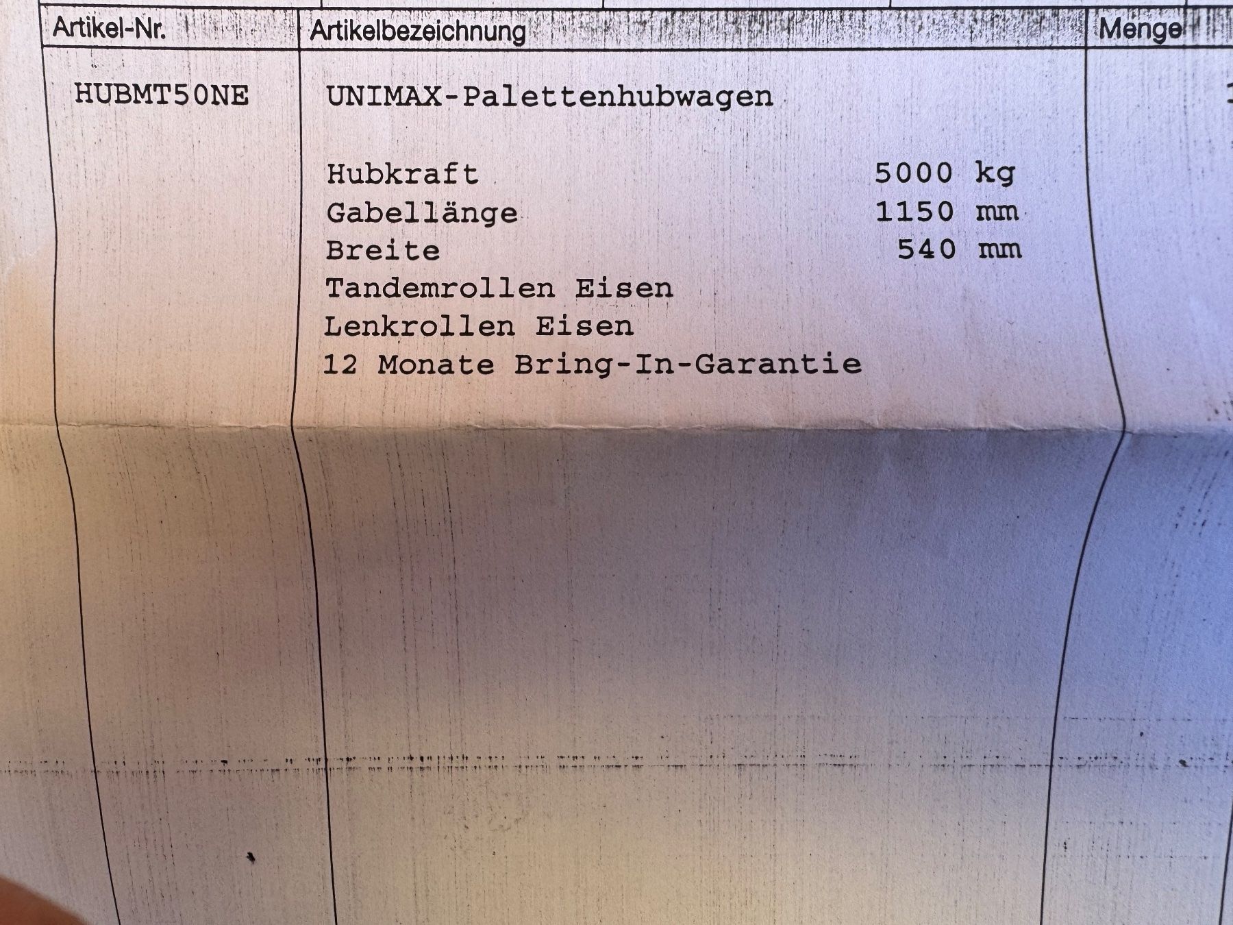 Carrelli elevatori e a forche: Unimax Gabelhubwagen, 5000kg – Usato da Tegerfelden venduto da MuehlebachFormenAG 5