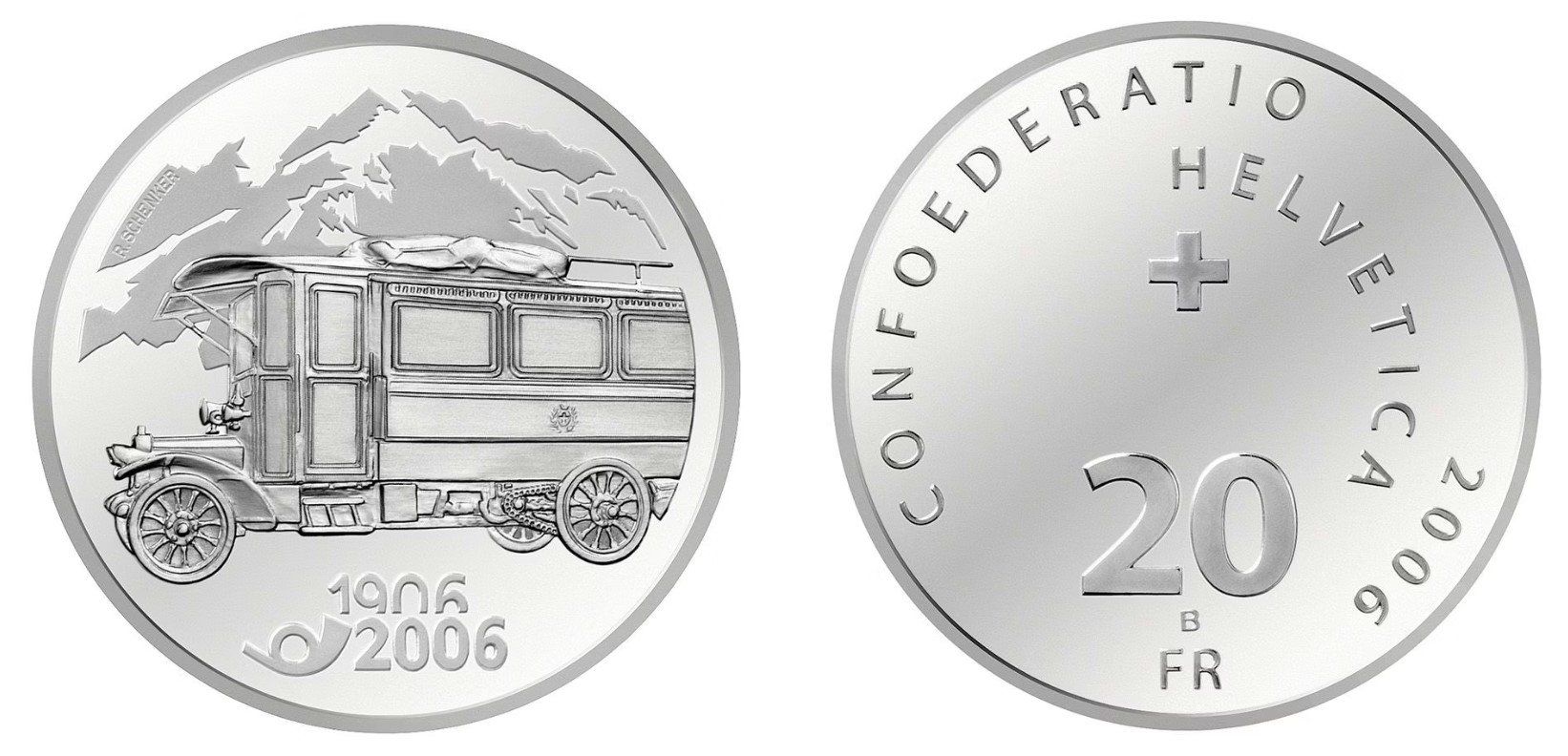 Tutti le monete: 2006. 20 FR. 100 Jahre Postauto, 1906-2006. – Nuovo (secondo la descrizione) da Solothurn venduto da Numis_4500