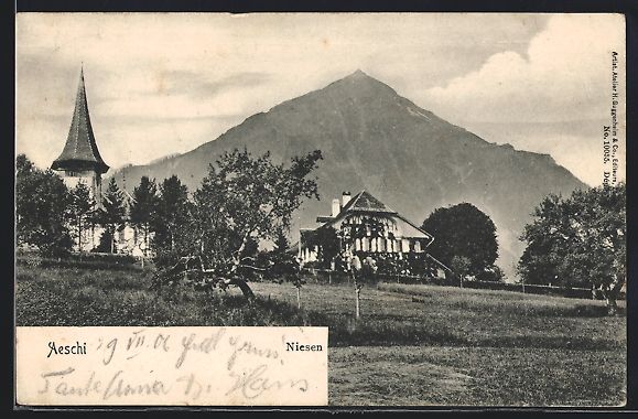 Cartoline postali: Aeschi, Panorama mit Kirche und Niesen – Usato da Berlin venduto da bartko-reher