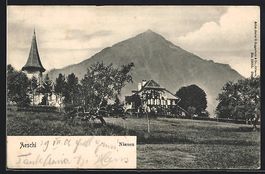 Aeschi, Panorama mit Kirche und Niesen