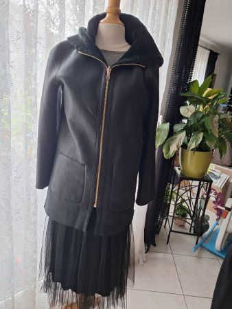 Manteau SANDRO cuir et mouton vert foncé, Taille 38-40