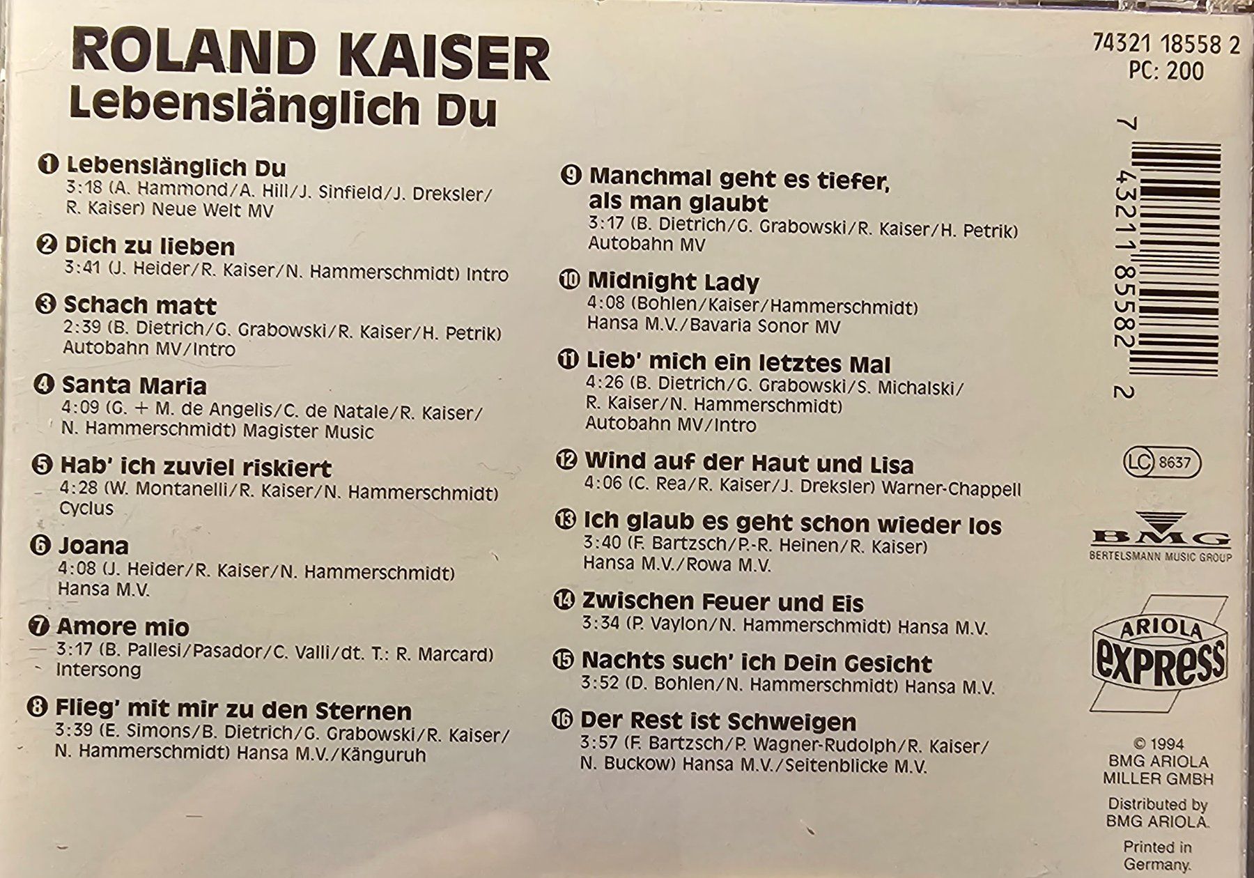 CDs: Roland Kaiser – Lebenslänglich Du – Gebraucht aus Wahlen b. Laufen von Cg10 1