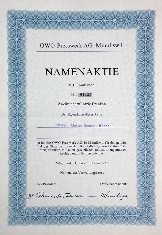 Documenti: OWO-Presswerk AG, Mümliswil - 1972 – Usato da Solothurn venduto da Sgasche