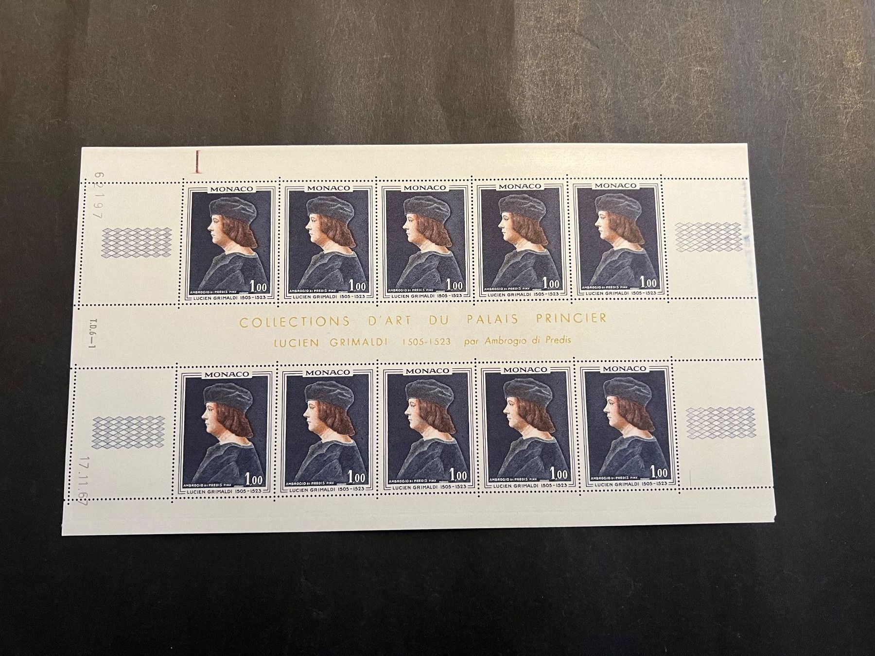 Alle Briefmarken: Monaco 1967 Gemälde Lucien Grimaldi Bogen **(143) – Gebraucht aus Hinwil von Sidi4