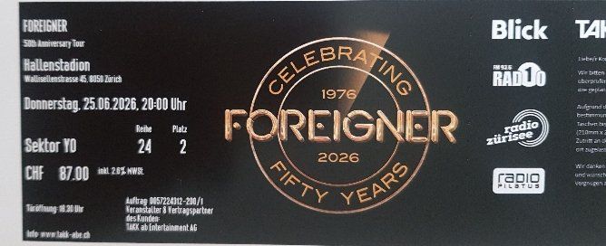 Biglietti: 1 Ticket Foreigner Konzert Zürich – Nuovo (secondo la descrizione) da Wolfenschiessen venduto da Badino 1