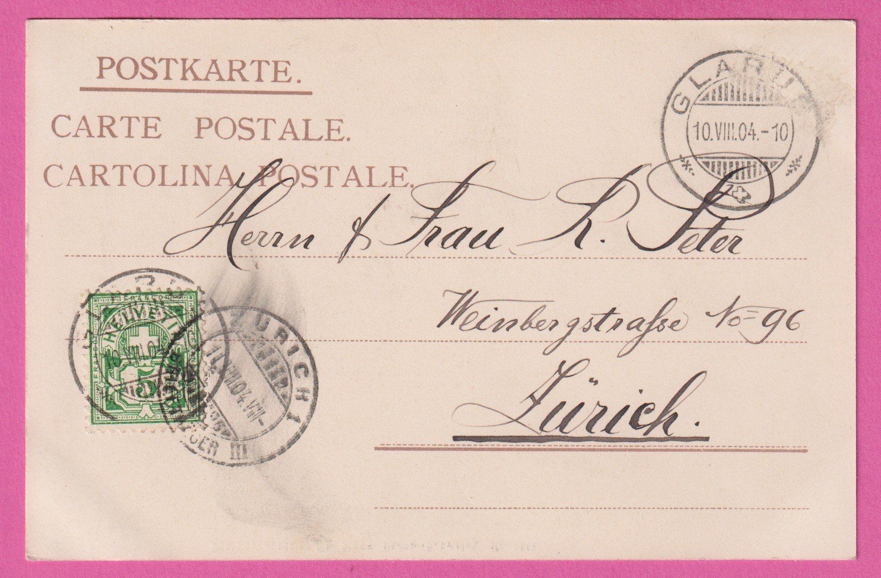 Ansichtskarten: Glarus gel 1904 Die Stadtkirche – Gebraucht aus Einsiedeln von dillie 1