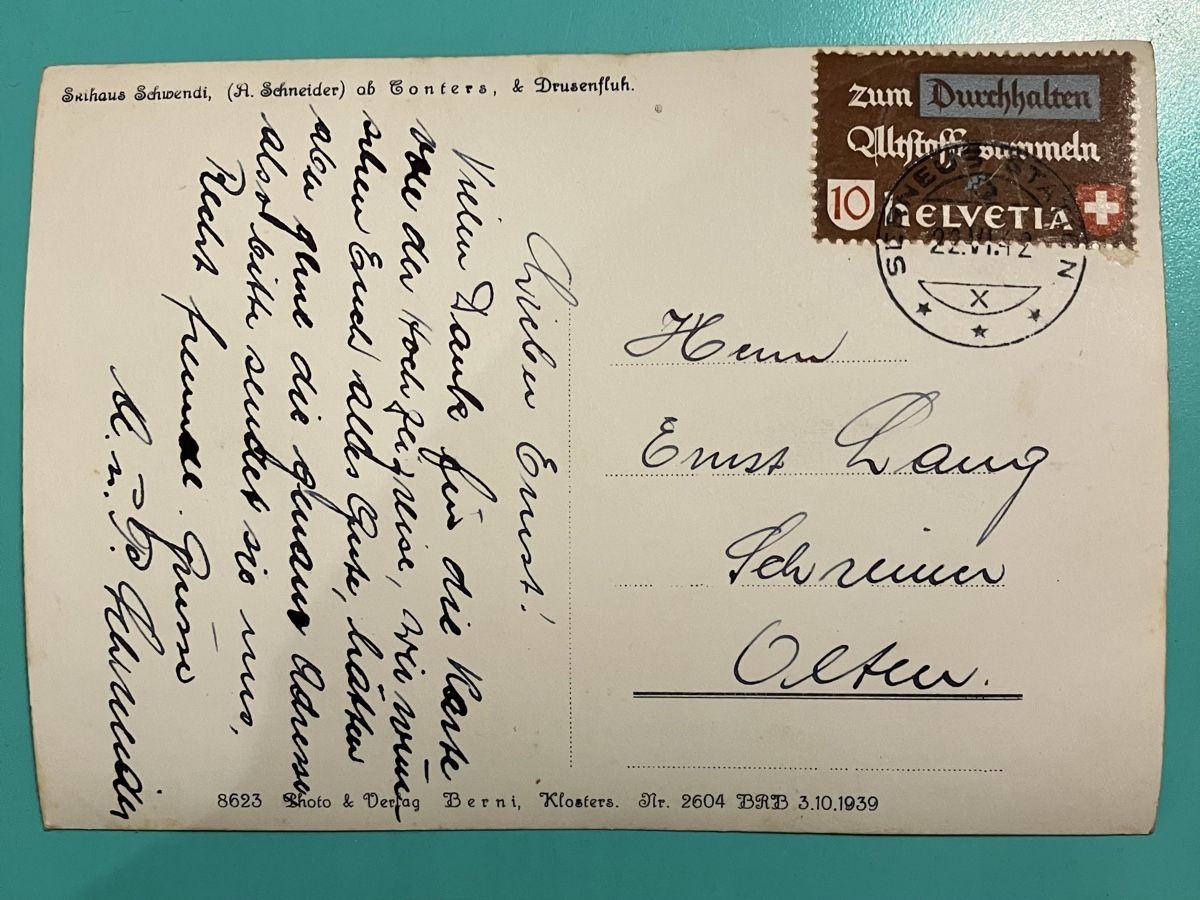 Cartoline postali: Ansichtskarte Hotel Schwendi ob Conters GR, 1939 – Usato da Bauma venduto da Baumer71 1