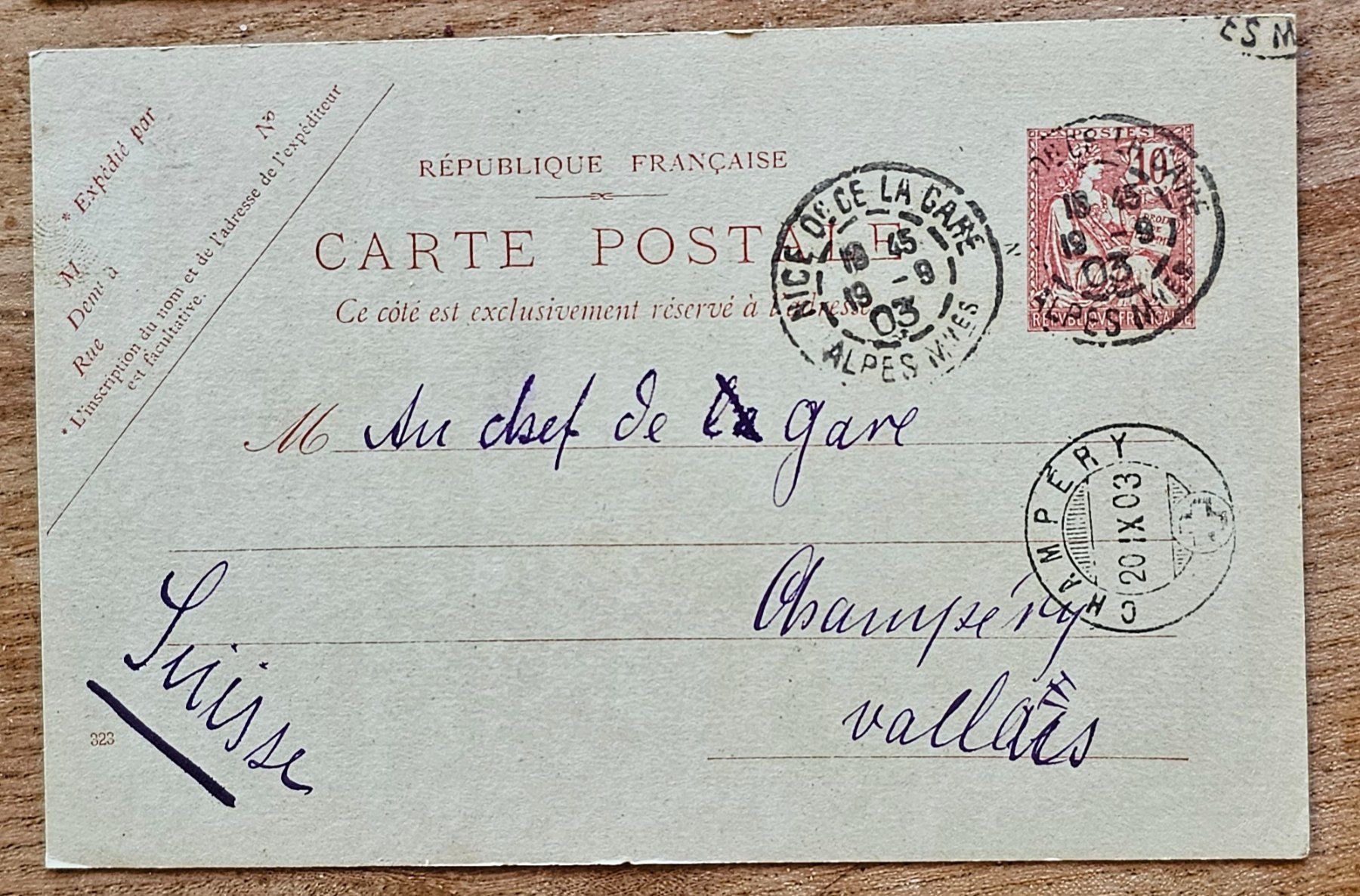 Tous les timbres: FRANCE entier postal NICE - CHAMPERY, 1903 – D'occasion à Les Valettes par Nuba1
