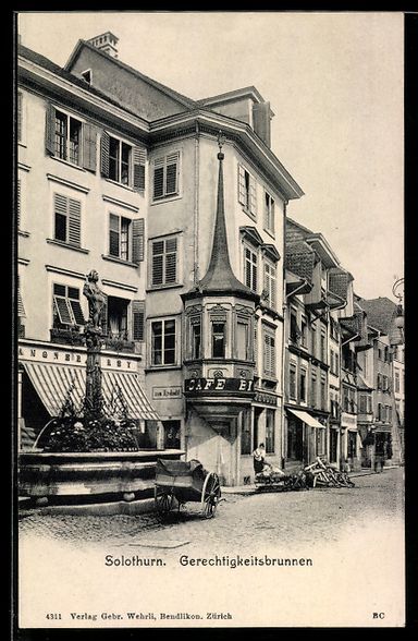 Cartoline postali: Solothurn, Gerechtigkeitsbrunnen mit Caf – Usato da Berlin venduto da bartko-reher