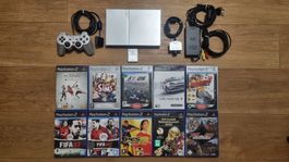 PS2 PlayStation 2 Slim Konsole Silber + 10 Spiele + Zubehöre