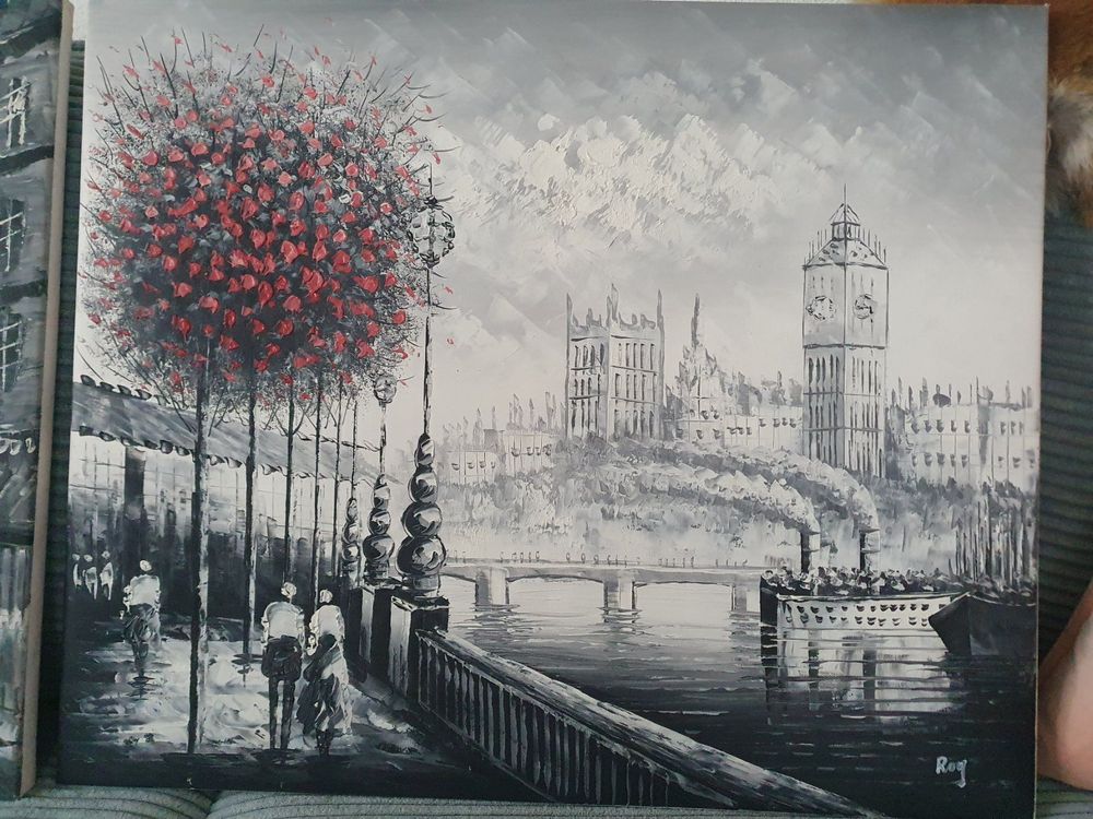 Ölgemälde „Romantisches London“ Auf Leinwand – 20x24 Cm, Schwarz/weiß, Signiert