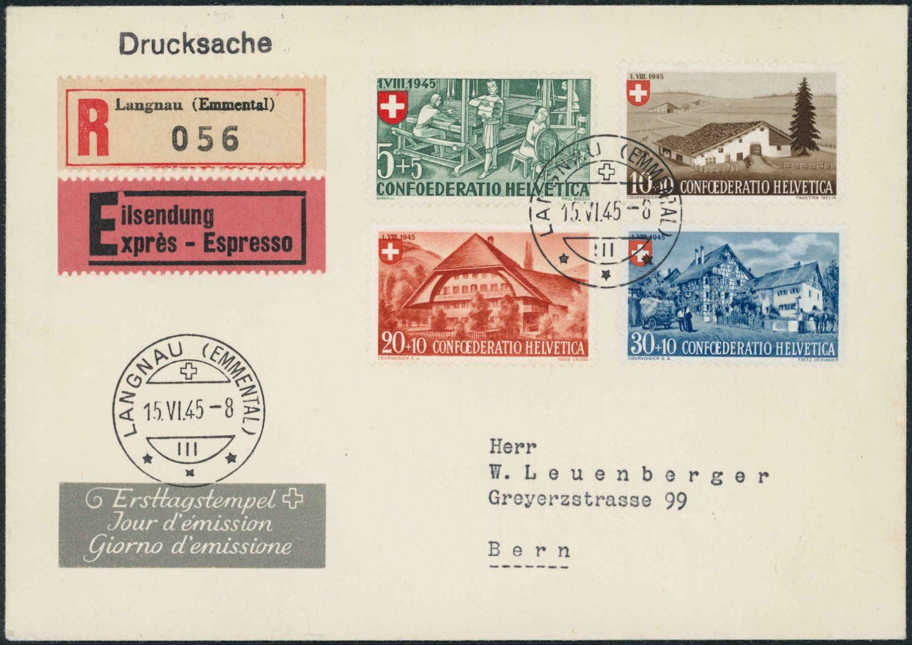 Alle Briefmarken: 1945 - Pro Patria - Ersttagsbrief FDC ET – Gebraucht aus Schindellegi von leecollect