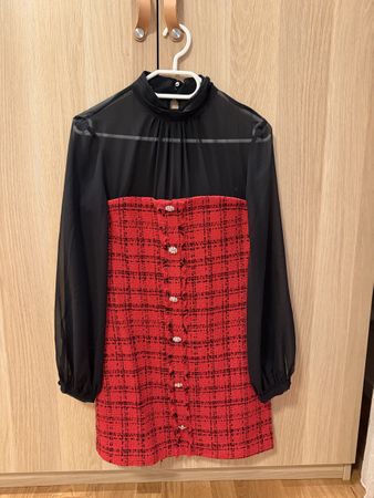 Zara Red Tweed Mini Dress with Sheer Sleeves - Size S