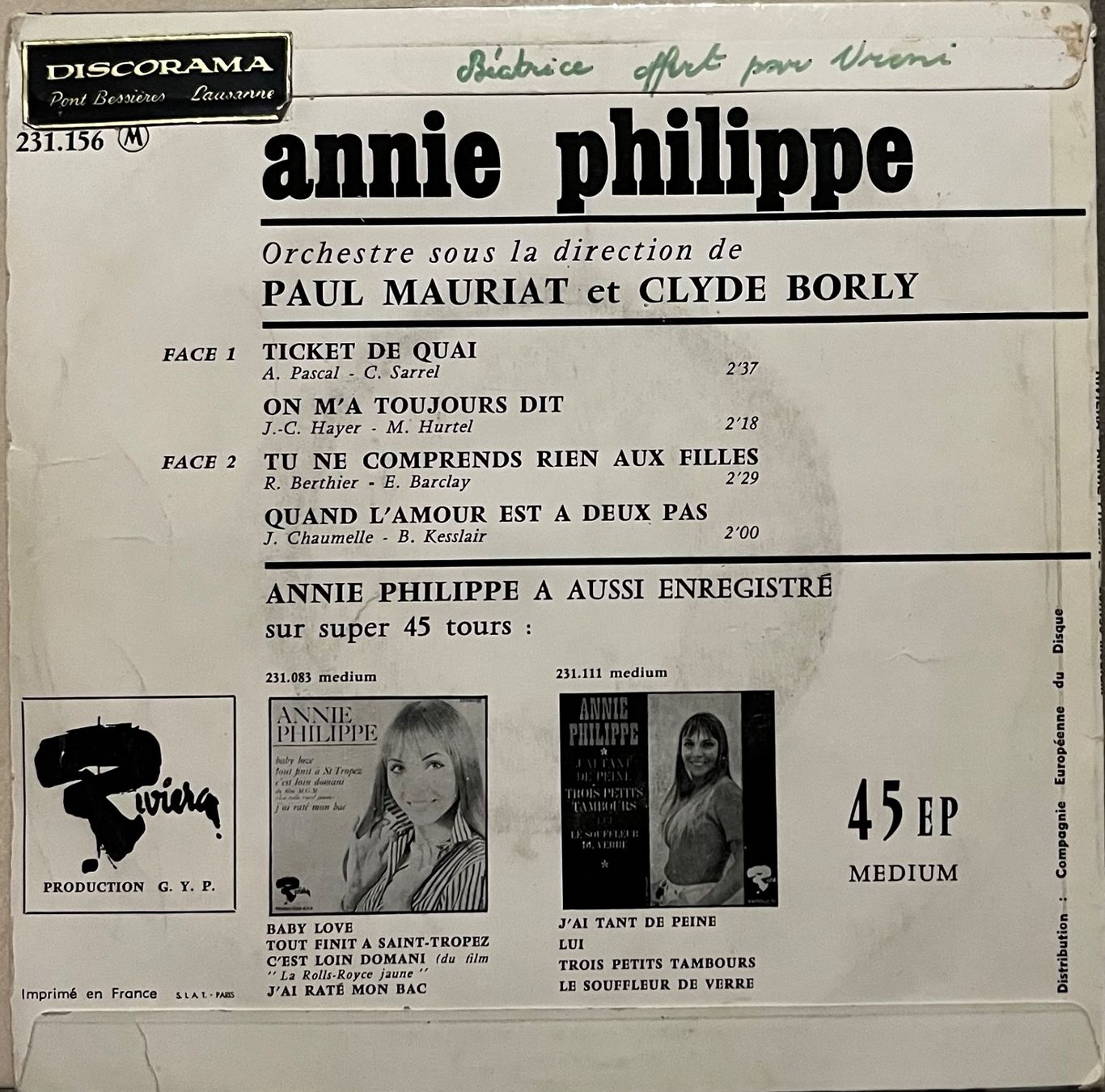 Vinyles: ANNIE PHILIPPE - TICKET DE QUAI – D'occasion à Bussigny par vinyl-pas-cher 1