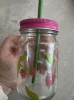 Glas-Trinkglas mit Strohhalm und Blumenmotiv | NEU! ✨