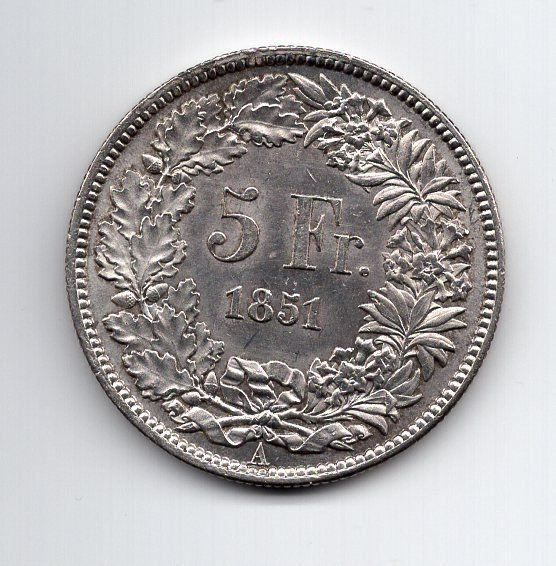 Alle Münzen: Top Helvetia 5 francs 1851 – Gebraucht aus Meyrin von menelaos77